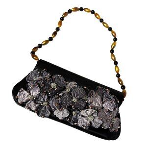 Vintage Black Satin Evening Bag With Gray Floral Appliques Amber Bead Handle
